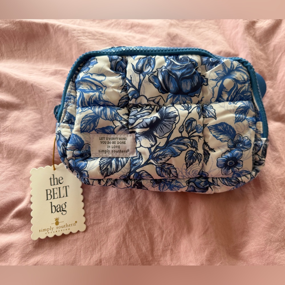 Simply Southern Blue and White Quilted Floral Crossbody Belt Bag